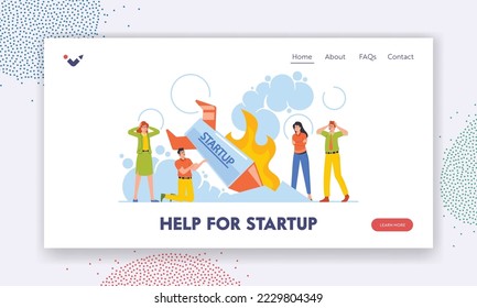 Help for Startup Landing Page Template. Startup Fail, Business Failure, Spaceship Crash. Businesspeople Stand at Burning Crashed Start up Rocket. Unhappy People Shock. Cartoon Vector Illustration