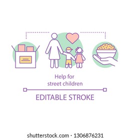 Help street children concept icon. Orphanage idea thin line illustration. Childcare volunteer. Donate to kids. Vector isolated outline drawing