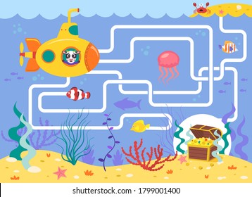Help the submarine find the right way to the treasure. Color maze or labyrinth game for preschool children. Puzzle. Tangled road. Transport for kids