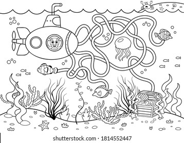 Help the submarine find the right way to the treasure. Maze or labyrinth game for preschool children black and white for coloring. Puzzle. Tangled road. Transport for kids