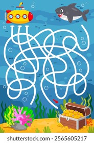 Help the submarine get to the treasure chest. Labyrinth. Maze game for children. Vector illustration.