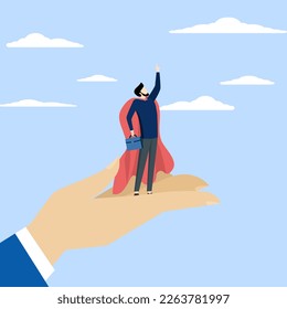 help to succeed in job, help new career opportunities, Support or encourage or promote to be a leader, leadership or business growth concept, businessman super hero belief in supported hand.