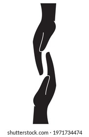 Help, succor, assist or render assistance. Give a helping hand. Two hands in black and white on white background