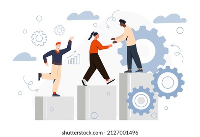 Help And Support In Career Growth Abstract Concept. Leader Reaches Out To Employees And Promotes Business. Relationship Between Entrepreneurs. Teamwork Of Colleagues. Cartoon Flat Vector Illustration