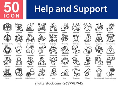 Help and Support Collection of Icons with Outline Style Containing: guide,patronage,cpr icon,collaboration,Encouragement,Endorse,Assistance,Empathy,legal service,guidance,Business continuity,welfare