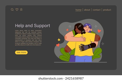 Help and Support concept. Compassionate embrace portraying emotional assistance. Visual representation of care and comfort in times of need. Mutual support and understanding. Flat vector illustration.