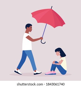 Help and support concept. Young man holding an umbrella over a seated woman. Colorful flat vector illustration