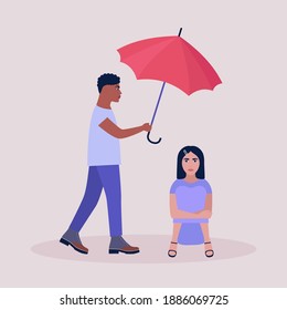 Help and support concept. Young man holding an umbrella over a seated woman. Colorful flat vector illustration