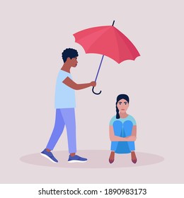 Help and support concept. Young man holding an umbrella over a seated woman. Colorful flat vector illustration