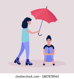 Help and support concept. Young woman holding an umbrella over a seated woman. Colorful flat vector illustration