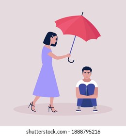 Help and support concept. Young woman holding an umbrella over a seated man. Colorful flat vector illustration