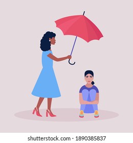 Help and support concept. Young woman holding an umbrella over a seated woman. Colorful flat vector illustration