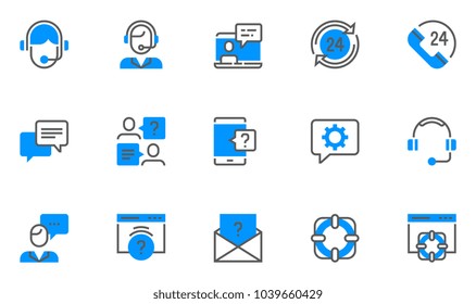 Help, Support and Contact Vector Flat Line Icons Set. Phone Assistant, Online Help, Video Chat. Editable Stroke. 48x48 Pixel Perfect.