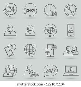 Help, Support and Contact Vector Flat Line Icons Set. Phone Assistant, Online Help, Video Chat. Simple pictograms.