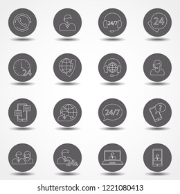 Help, Support and Contact Vector Flat Line Icons Set. Phone Assistant, Online Help, Video Chat. Simple pictograms.