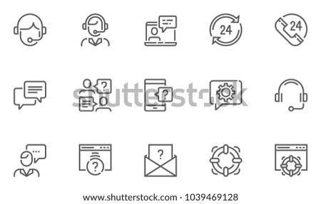 Help, Support and Contact Vector Flat Line Icons Set. Phone Assistant, Online Help, Video Chat. Editable Stroke. 48x48 Pixel Perfect.