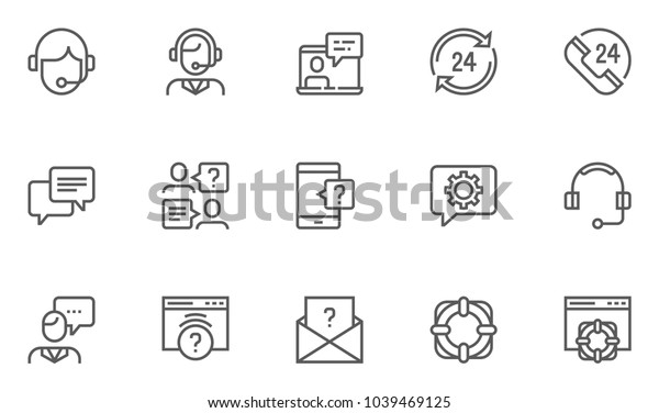 Help, Support and Contact Vector Flat Line Icons\
Set. Phone Assistant, Online Help, Video Chat. Editable Stroke.\
48x48 Pixel Perfect.