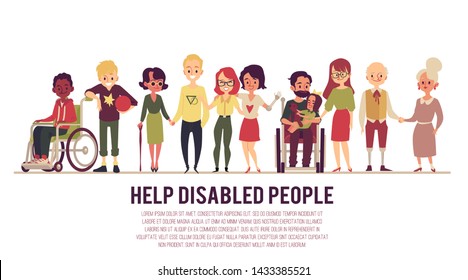 Help and support of disabled or handicapped people banner with cartoon diverse characters, in wheelchair and healthy. Flat vector illustration isolated on white background.