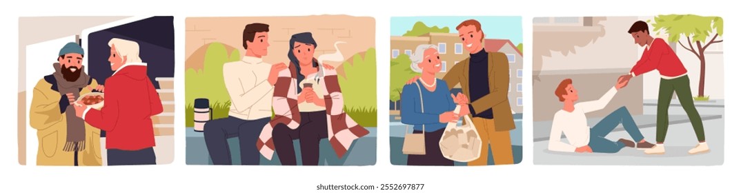 Ayuda, Asistencia, primeros auxilios en situación difícil. Gente amable que da el plato de comida a mendigo, que sostiene el bolso de la abuela para llevar, ayuda a la persona caída para arriba, Ilustración vectorial de la historieta del amigo del consuelo