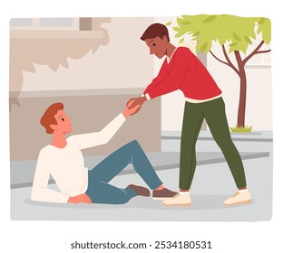 Help and support, first aid for friend in difficult situation. Guy holding fallen persons arm to help stand up, scene of altruistic behavior and friendship on city street cartoon vector illustration