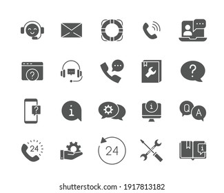 Help and support glyph icon set. Simple solid style symbol for web template and app. Online service, call center, contact phone concept. Vector illustration isolated on white background. EPS 10