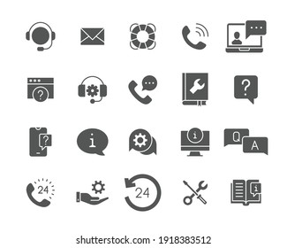 Help and support glyph icon set. Simple solid style symbol for web template and app. Online service, call center, contact phone concept. Vector illustration isolated on white background. EPS 10