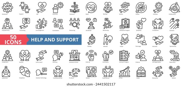 Help and support icon collection set. Containing assistance, service, aid, desk, guidance, relief, backing icon. Simple line vector.