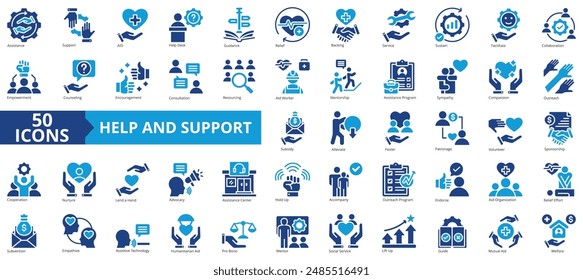 Help and support icon collection set. Containing assistance, service, aid, desk, guidance, relief, backing icon. Simple flat vector.