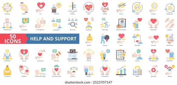 Help and support icon collection set. Containing assistance, service, aid, desk, guidance, relief, backing icon. Simple flat color illustration.