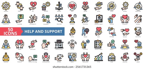 Help and support icon collection set. Containing assistance, service, aid, desk, guidance, relief, backing icon. Simple flat outline vector illustration