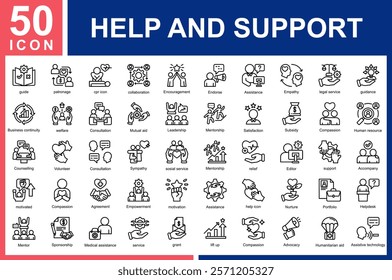  Help and Support icon collection set.
guide,patronage,cpr icon,collaboration,Encouragement,Endorse,Assistance,Empathy,legal service,guidance,welfare,Consultation Icon Symple Line Vector 