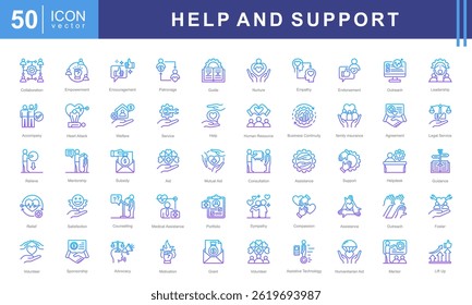 Help and support icon collection set. Containing assistance, service, aid, desk, guidance, relief, backing, Nurture, Empathy, Endorsement, Leadership and Accompany icon.