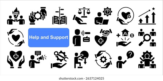 Help and support icon collection set. Containing assistance, service, aid, desk, guidance, relief, backing icon. Simple flat vector.