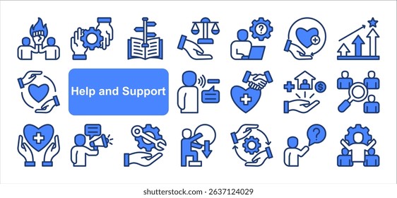 Help and support icon collection set. Containing assistance, service, aid, desk, guidance, relief, backing icon. Simple line vector.