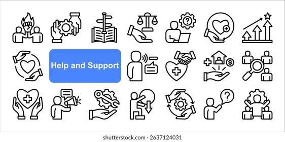 Help and support icon collection set. Containing assistance, service, aid, desk, guidance, relief, backing icon. Simple line vector.