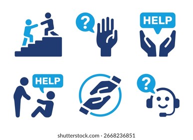 Conjunto de iconos de ayuda y Asistencia. Símbolos de asistencia, orientación, pregunta, Servicio al cliente y ayuda para la comunicación y la resolución de problemas. Colección de iconos de vectores sólidos.