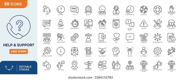 Help and support icon set. Containing assistance, service, guidance, FAQ, Customer Service, Responce, Helpdesk, and more. Vector illustration