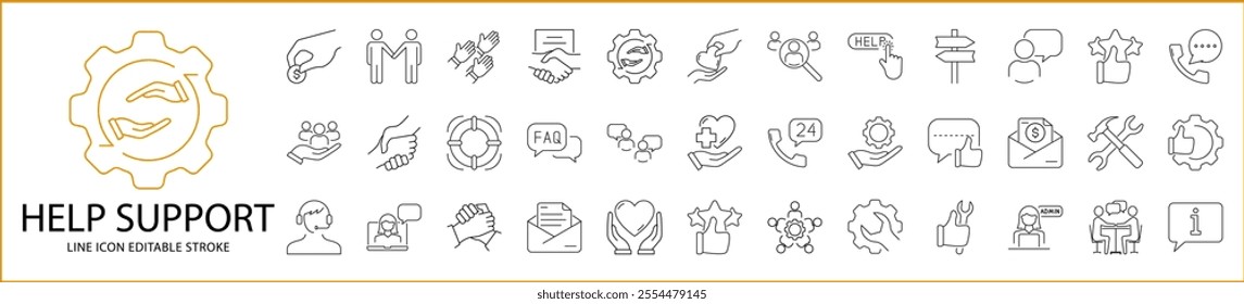 Help And Support icon set in line Style. Help And Support Icons. Vector Illustration. Editable Stroke.