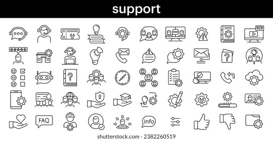 Help and support icon set. Сollection of simple linear web icons, consists of support, online assistant, reference book, etc.