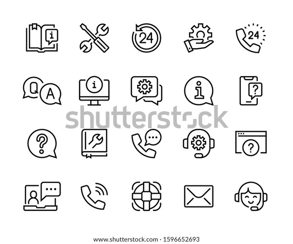 Help and support icon\
set. Сollection of simple linear web icons, consists of support,\
online assistant, reference book, etc. Editable vector move. 96x96\
Pixel