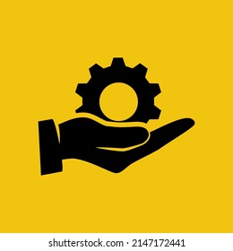 Help and support icon. Simple glyph style for web template and app. Call center, assist, service. Gear in hand. Vector illustration flat design. Isolated on white background.