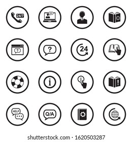 Help And Support Icons. Black Flat Design In Circle. Vector Illustration.