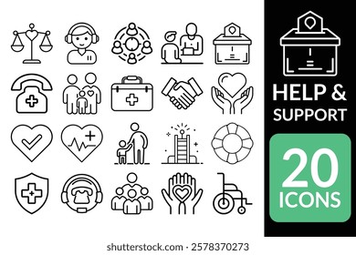 Help and Support Icons Collection - 20 Line Art Outline Designs for Health, Care, and Assistance