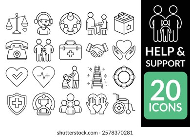 Help and Support Icons Set - 20 Minimalist Outline Symbols for Care, Medical Aid, and Assistance