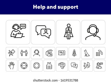 Help and support icons. Set of line icons. Call operator, sitting dog, urgent help. Help concept. Vector illustration can be used for topics like help, assistance