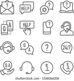 Help and Support icons set vector illustration. Contains such icons as Information, Call Center, Q and A, Operator, Contact, and more. Expanded Stroke