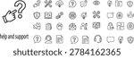 Help and Support Line Icon Set – Minimalist Vector Icons for Technical Assistance, Problem Solving Gears, Frequently Asked Questions FAQ, Customer Service Headset, and Security Guide Symbols
