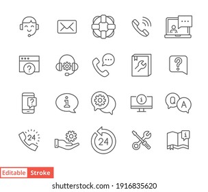 Help and support line icon set. Simple outline style symbol for web template and app. Online service and call center concept. Vector illustration isolated on white background. Editable stroke EPS 10