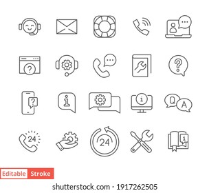 Conjunto de iconos de línea de ayuda y soporte técnico. Símbolo sencillo de estilo de esquema para la plantilla y aplicación web. Servicio en línea y concepto de centro de llamadas. Ilustración vectorial aislada en fondo blanco. EPS de trazo editable 10