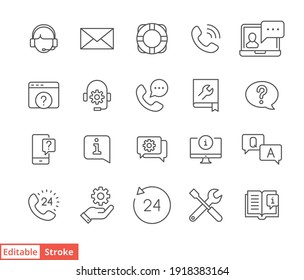 Help And Support Line Icon Set. Simple Outline Style Symbol For Web Template And App. Online Service And Call Center Concept. Vector Illustration Isolated On White Background. Editable Stroke EPS 10